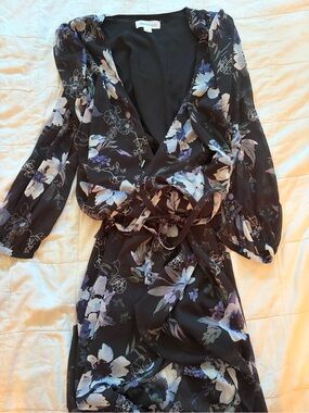 Addition Elle Black Floral Wrap Dress with Purple & White Blooms